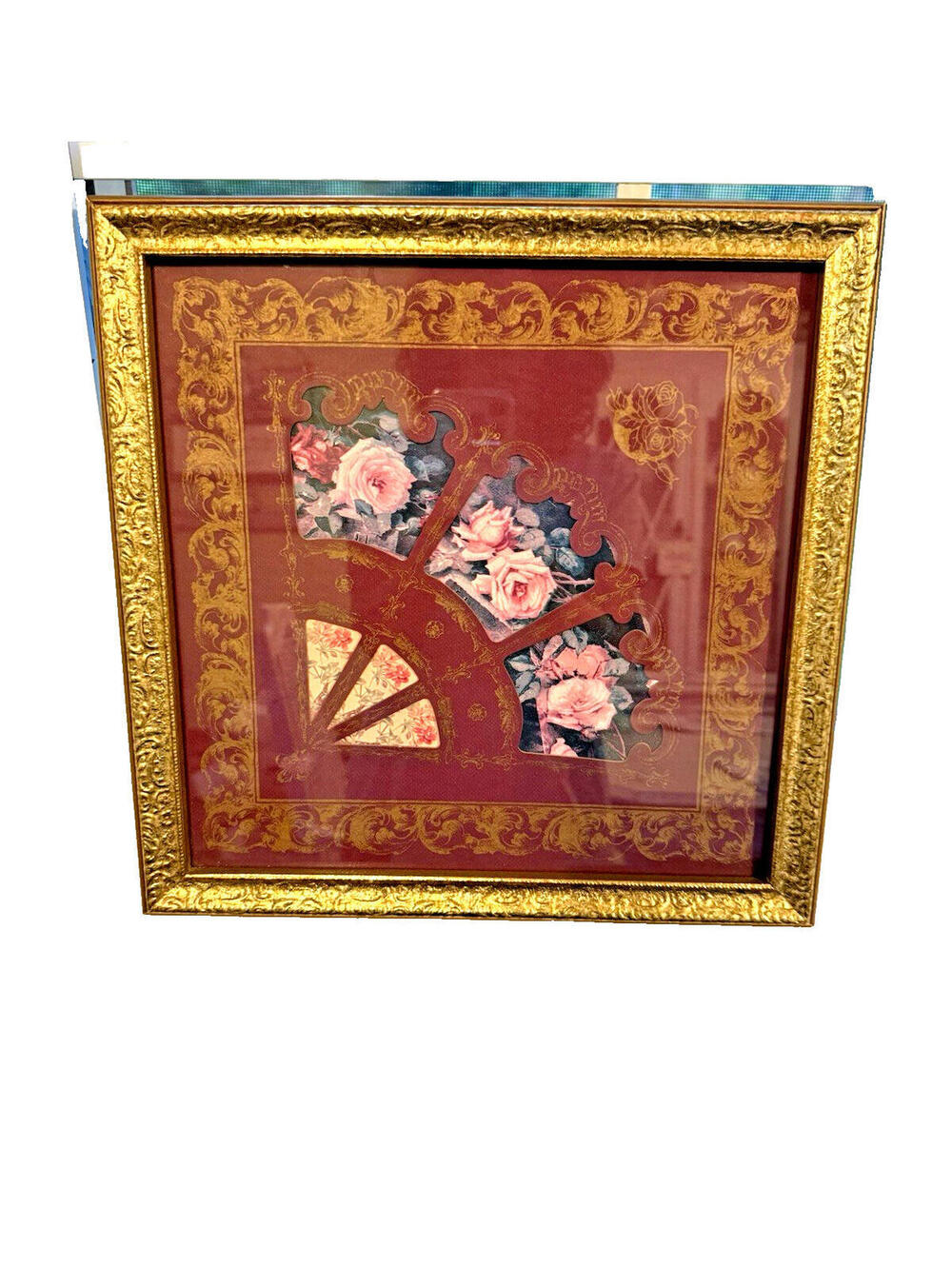 vtg Home Interior framed floral fan wall art: french country, shabby chic